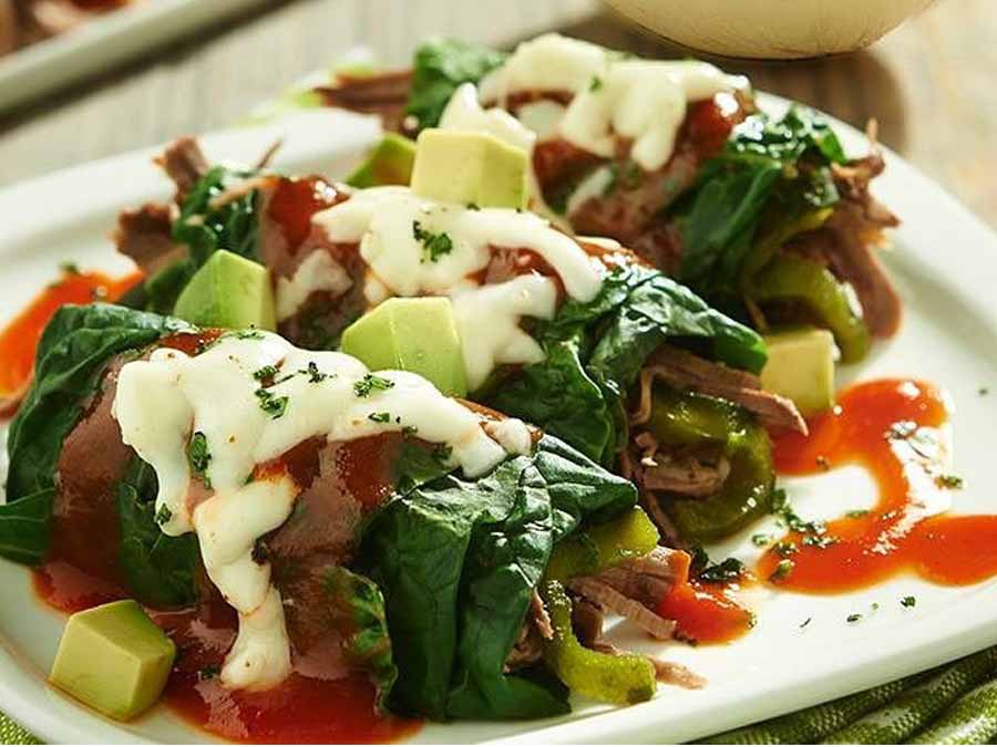 Enchiladas falsas de poblano con queso asadero y falda de res