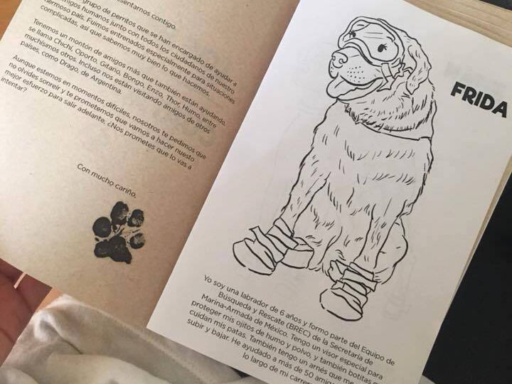 Frida y otros perros rescatistas mexicanos en un libro (gratuito) para colorear